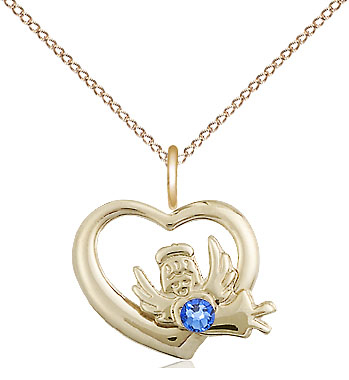14kt Gold Filled Heart / Guardian Angel Pendant with a 3mm Sapphire Swarovski stone on a 18 inch Gold Filled Light Curb chain