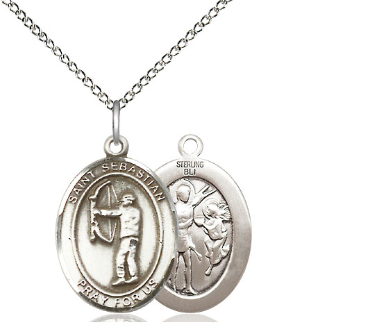 Sterling Silver Saint Sebastian Archery Pendant on a 18 inch Sterling Silver Light Curb chain