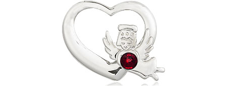 Sterling Silver Heart / Guardian Angel Medal with a 3mm Garnet Swarovski stone