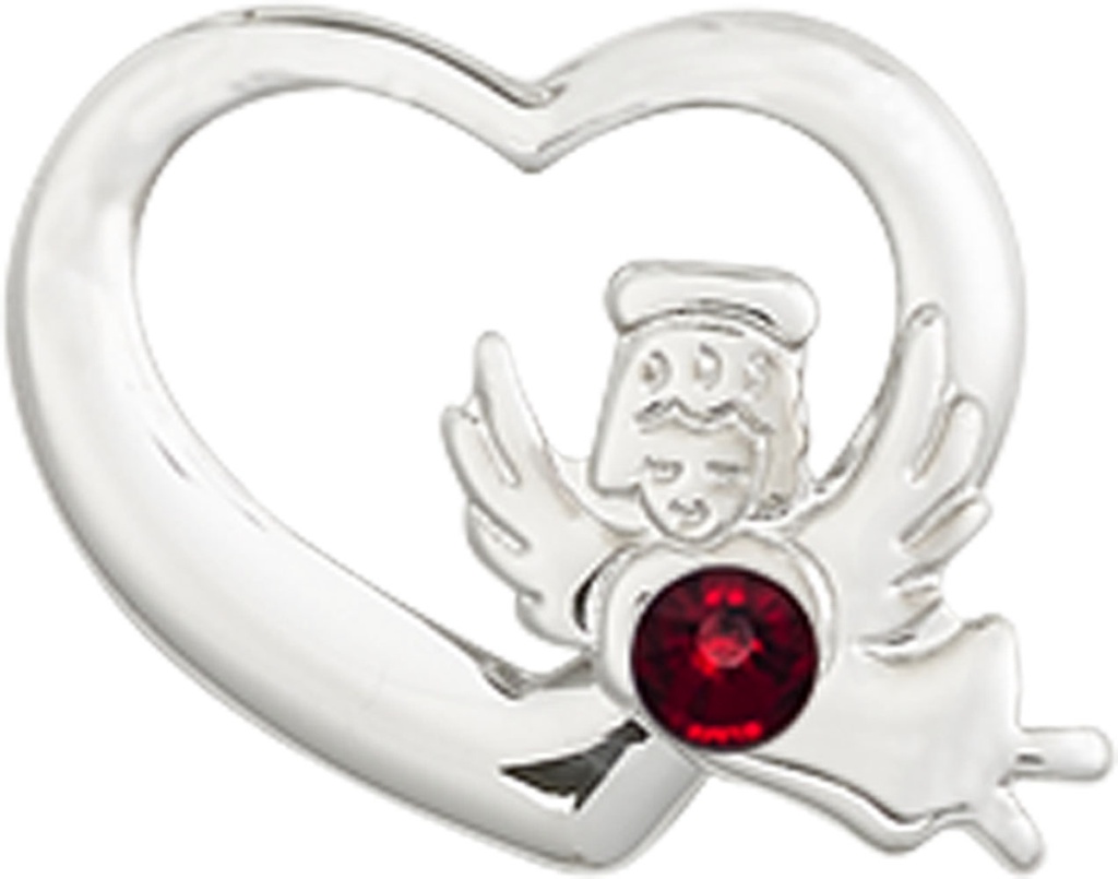 Sterling Silver Heart / Guardian Angel Medal with a 3mm Garnet Swarovski stone