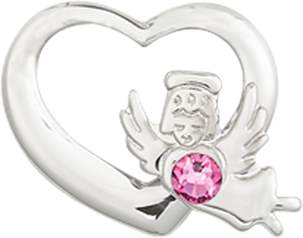 Sterling Silver Heart / Guardian Angel Medal with a 3mm Rose Swarovski stone