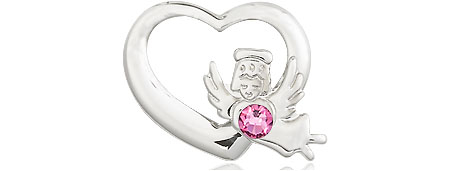 Sterling Silver Heart / Guardian Angel Medal with a 3mm Rose Swarovski stone