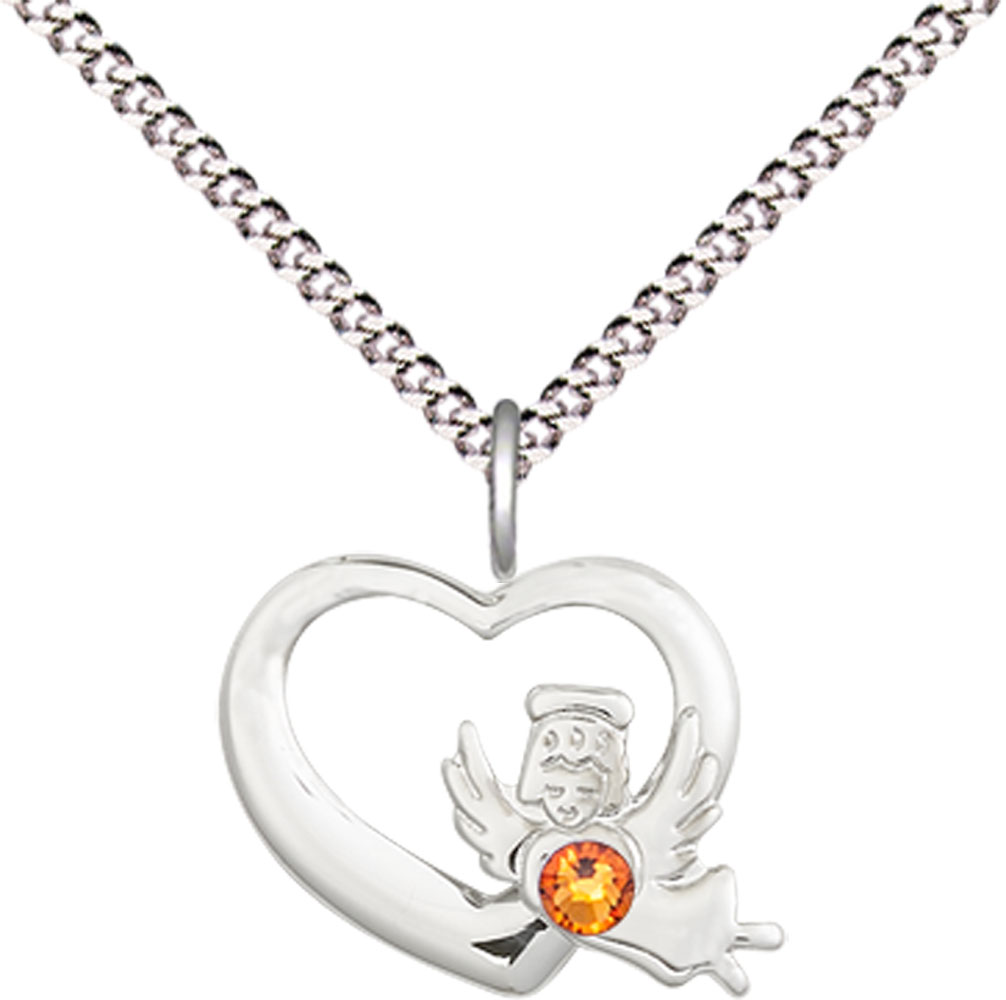 Sterling Silver Heart / Guardian Angel Pendant with a 3mm Topaz Swarovski stone on a 18 inch Light Rhodium Light Curb chain