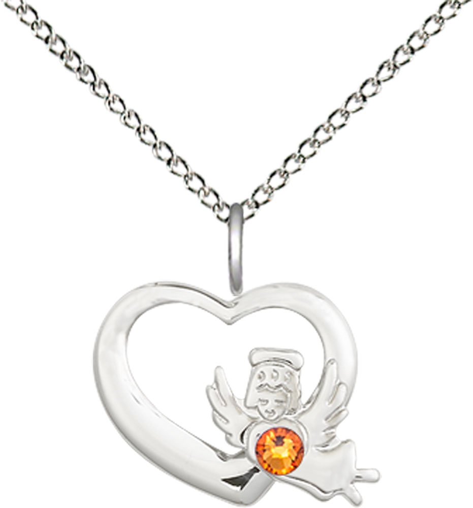 Sterling Silver Heart / Guardian Angel Pendant with a 3mm Topaz Swarovski stone on a 18 inch Sterling Silver Light Curb chain