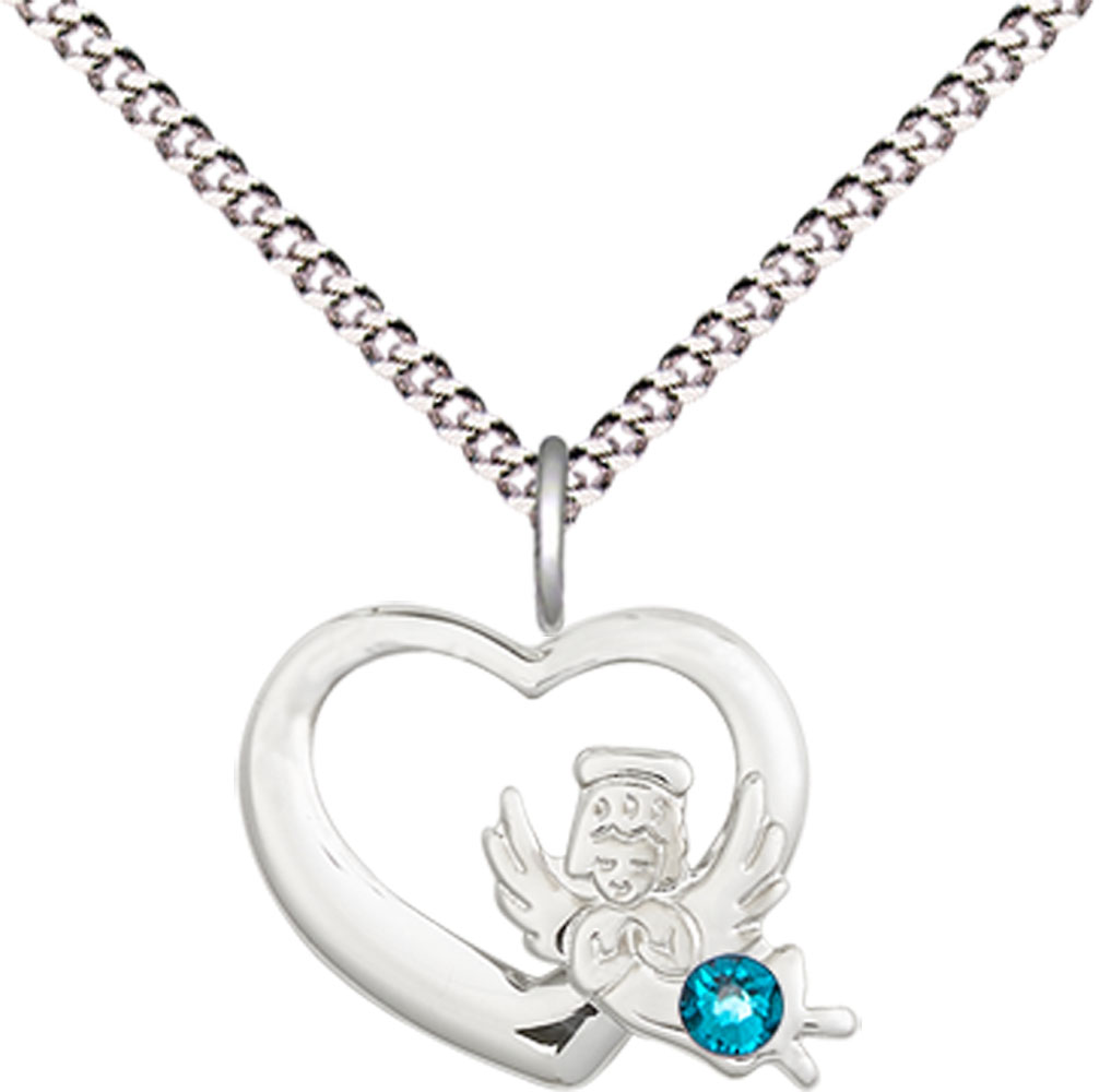 Sterling Silver Heart / Guardian Angel Pendant with a 3mm Zircon Swarovski stone on a 18 inch Light Rhodium Light Curb chain