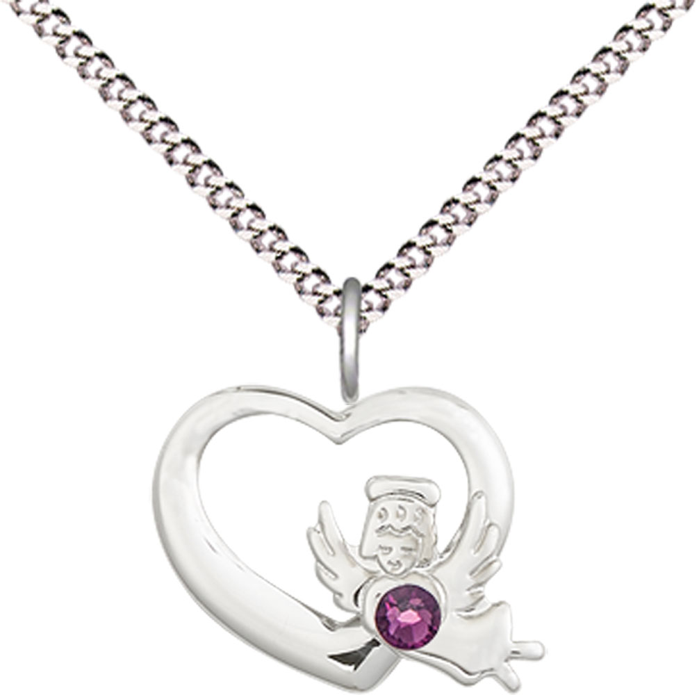 Sterling Silver Heart / Guardian Angel Pendant with a 3mm Amethyst Swarovski stone on a 18 inch Light Rhodium Light Curb chain