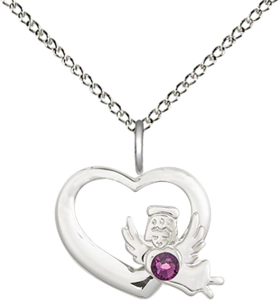 Sterling Silver Heart / Guardian Angel Pendant with a 3mm Amethyst Swarovski stone on a 18 inch Sterling Silver Light Curb chain