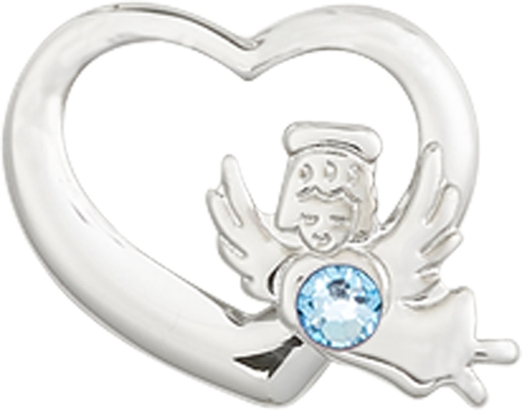 Sterling Silver Heart / Guardian Angel Medal with a 3mm Aqua Swarovski stone