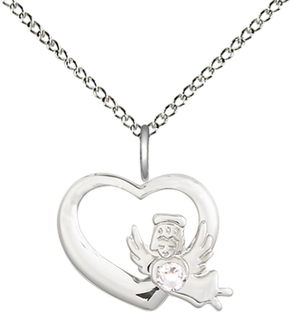 Sterling Silver Heart / Guardian Angel Pendant with a 3mm Crystal Swarovski stone on a 18 inch Sterling Silver Light Curb chain