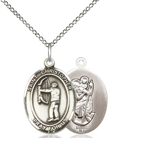 Sterling Silver Saint Christopher Archery Pendant on a 18 inch Sterling Silver Light Curb chain