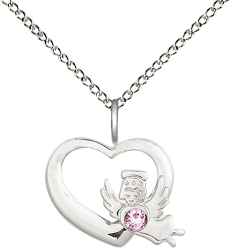 Sterling Silver Heart / Guardian Angel Pendant with a 3mm Light Amethyst Swarovski stone on a 18 inch Sterling Silver Light Curb chain