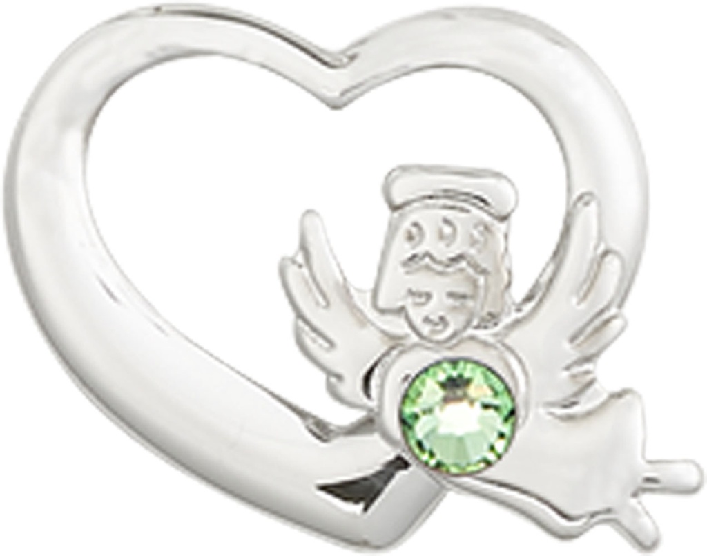 Sterling Silver Heart / Guardian Angel Medal with a 3mm Peridot Swarovski stone