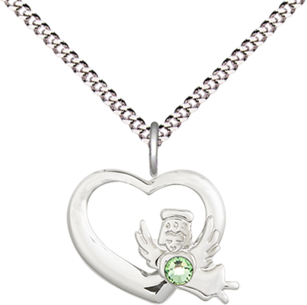 Sterling Silver Heart / Guardian Angel Pendant with a 3mm Peridot Swarovski stone on a 18 inch Light Rhodium Light Curb chain