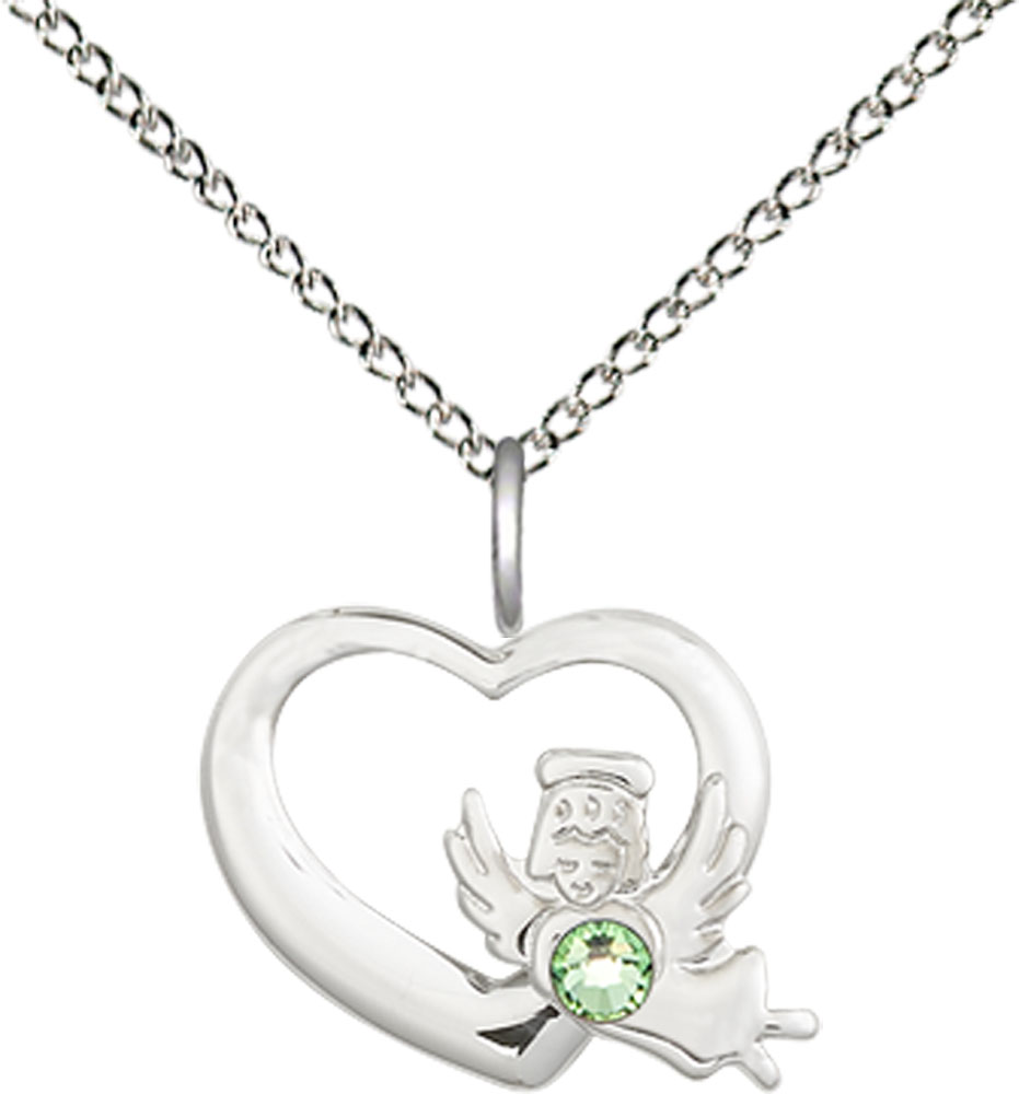 Sterling Silver Heart / Guardian Angel Pendant with a 3mm Peridot Swarovski stone on a 18 inch Sterling Silver Light Curb chain