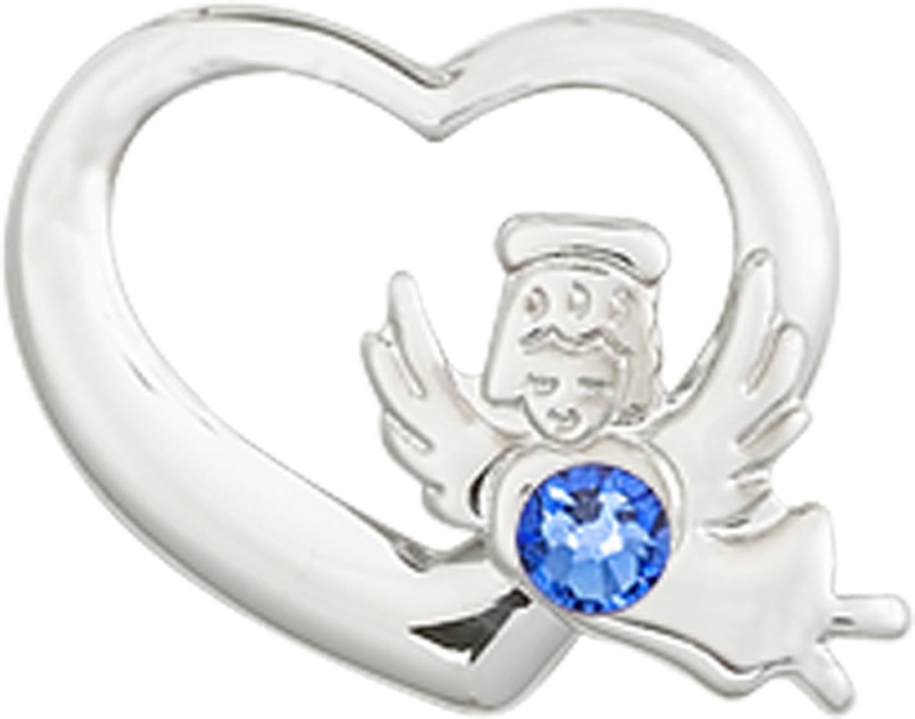 Sterling Silver Heart / Guardian Angel Medal with a 3mm Sapphire Swarovski stone