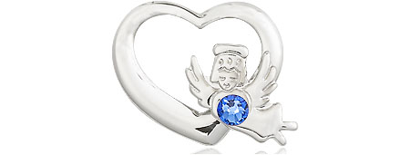 Sterling Silver Heart / Guardian Angel Medal with a 3mm Sapphire Swarovski stone