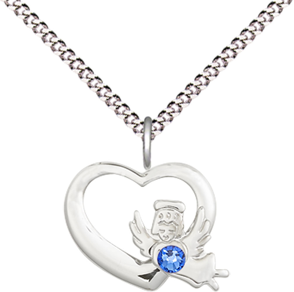 Sterling Silver Heart / Guardian Angel Pendant with a 3mm Sapphire Swarovski stone on a 18 inch Light Rhodium Light Curb chain