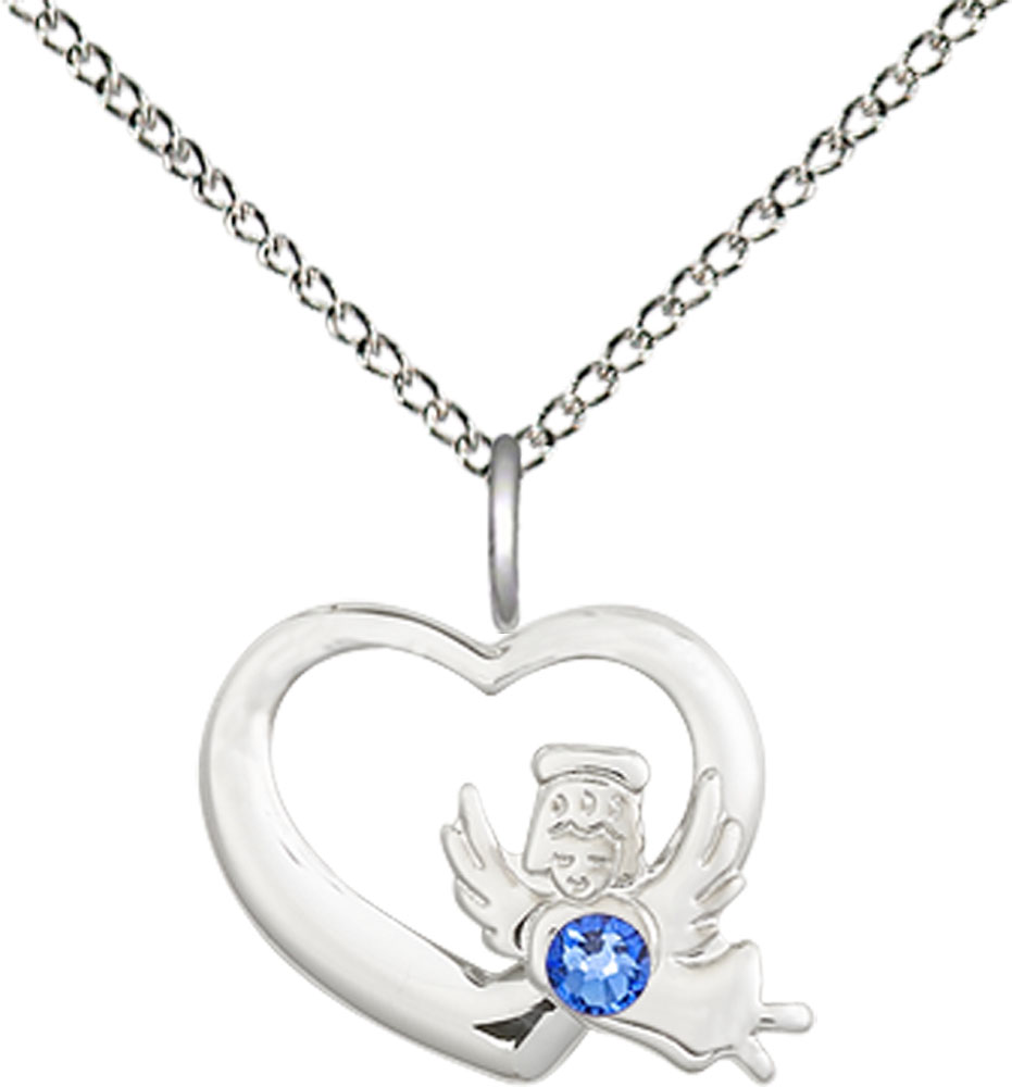 Sterling Silver Heart / Guardian Angel Pendant with a 3mm Sapphire Swarovski stone on a 18 inch Sterling Silver Light Curb chain