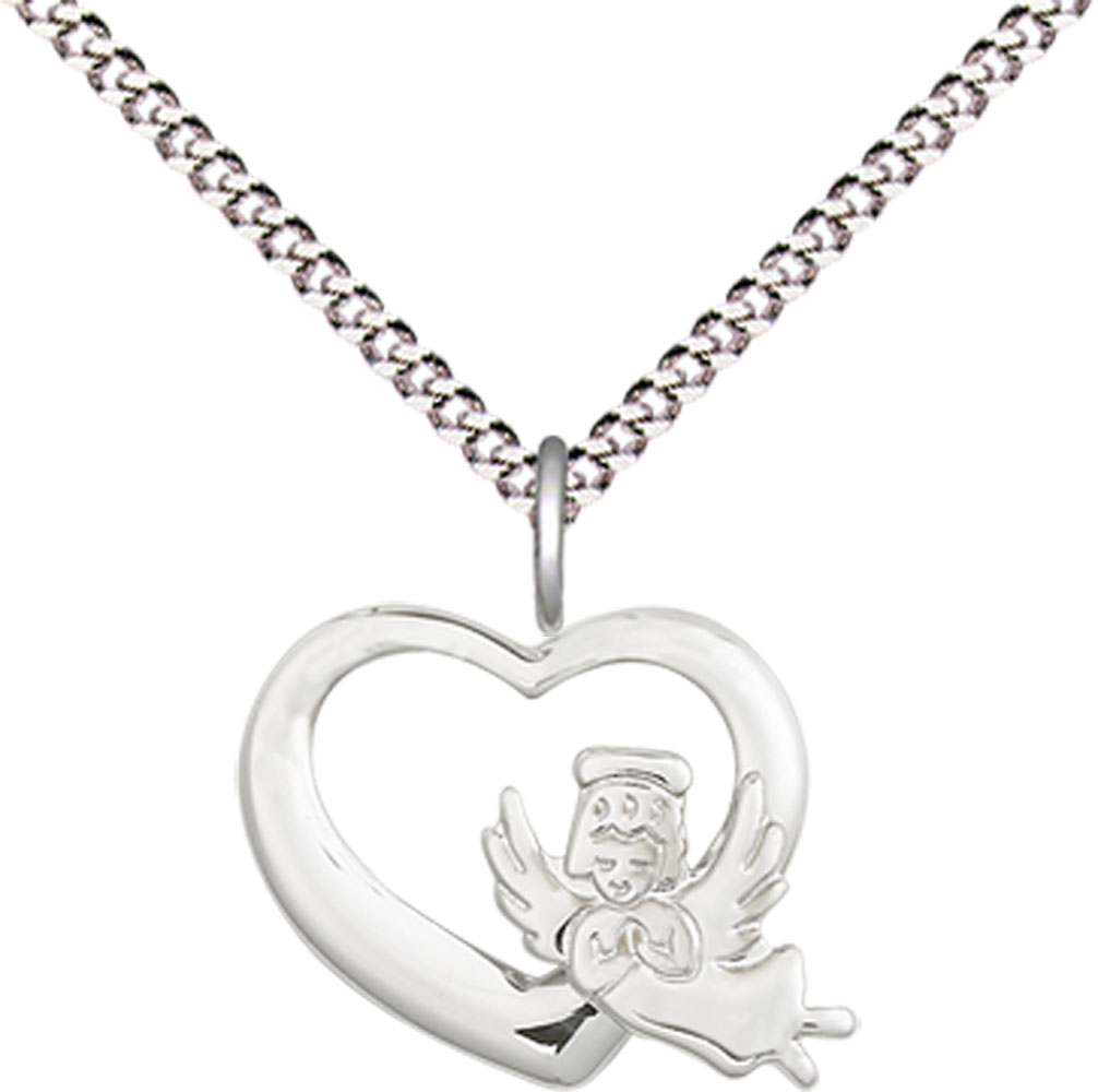 Sterling Silver Heart Guardian Angel Pendant on a 18 inch Light Rhodium Light Curb chain