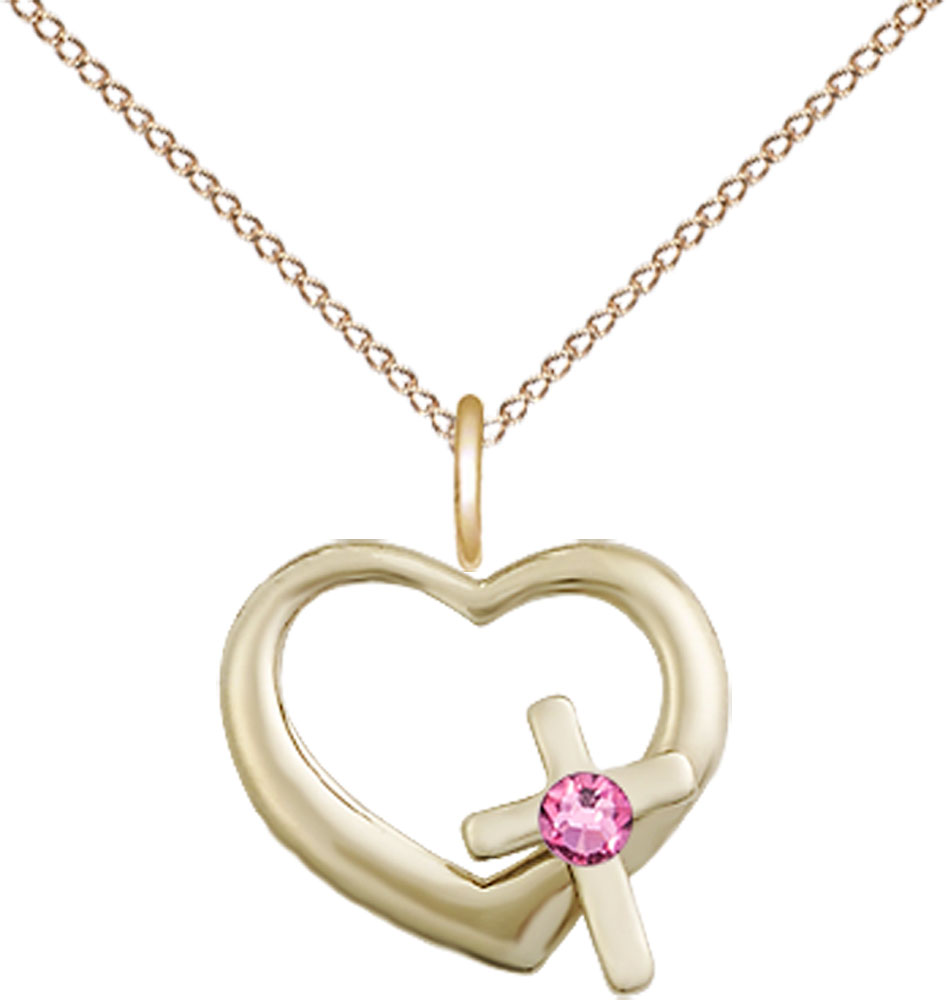 14kt Gold Filled Heart / Cross Pendant with a 3mm Rose Swarovski stone on a 18 inch Gold Filled Light Curb chain