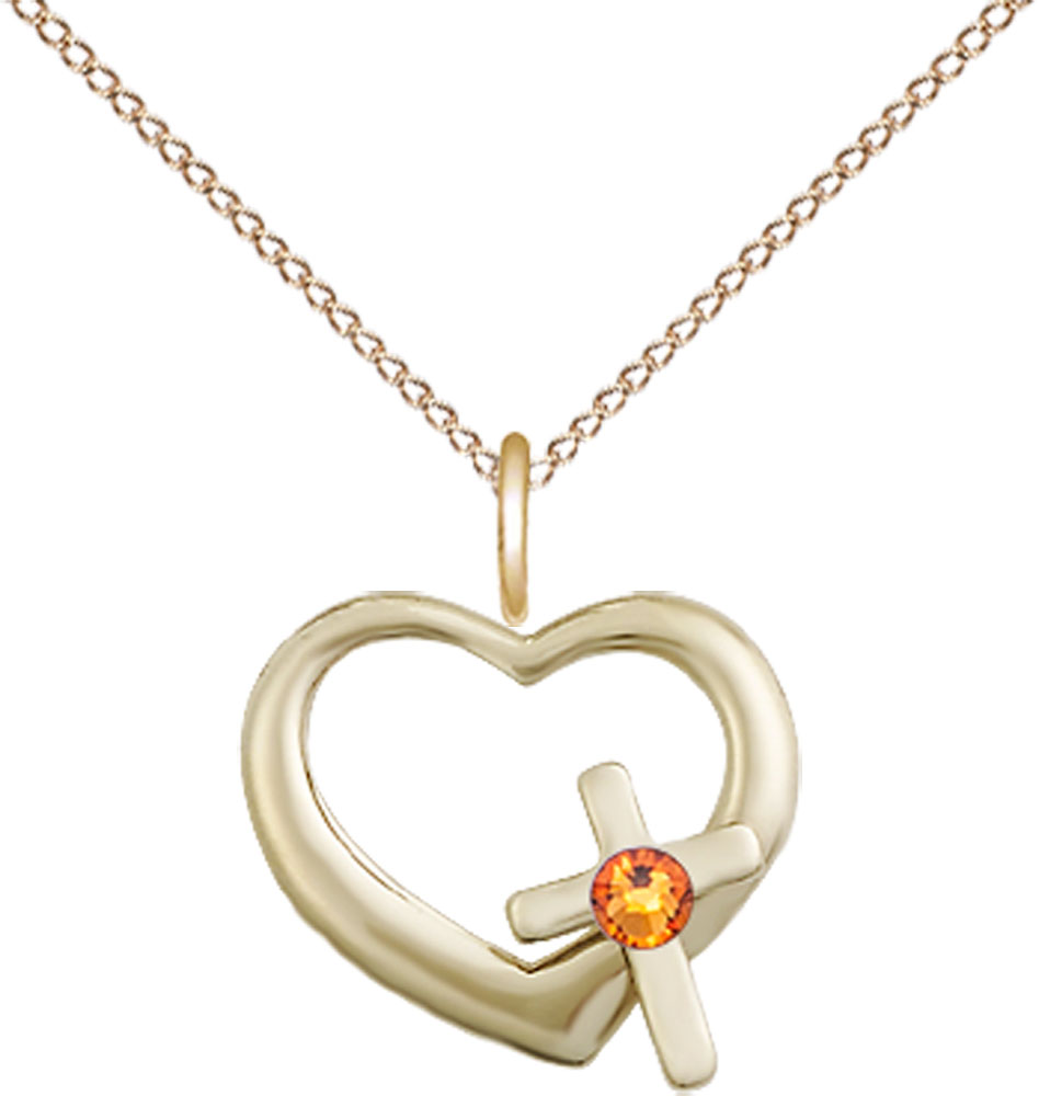 14kt Gold Filled Heart / Cross Pendant with a 3mm Topaz Swarovski stone on a 18 inch Gold Filled Light Curb chain