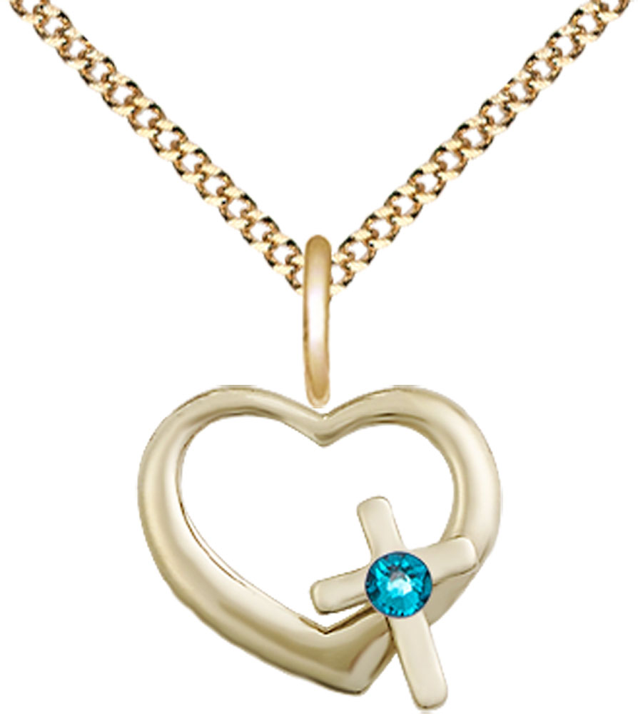 14kt Gold Filled Heart / Cross Pendant with a 3mm Zircon Swarovski stone on a 18 inch Gold Plate Light Curb chain