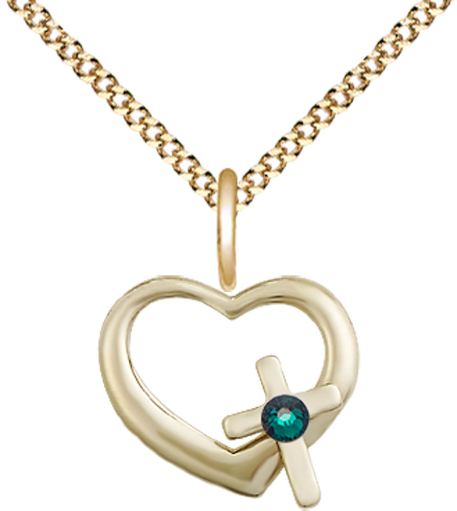 14kt Gold Filled Heart / Cross Pendant with a 3mm Emerald Swarovski stone on a 18 inch Gold Plate Light Curb chain