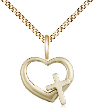 14kt Gold Filled Heart Cross Pendant on a 18 inch Gold Plate Light Curb chain