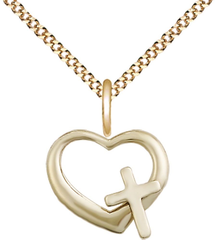 14kt Gold Filled Heart Cross Pendant on a 18 inch Gold Plate Light Curb chain