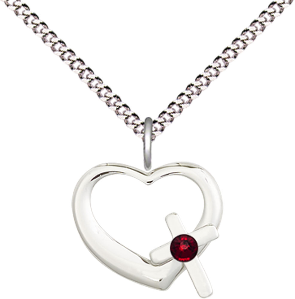 Sterling Silver Heart / Cross Pendant with a 3mm Garnet Swarovski stone on a 18 inch Light Rhodium Light Curb chain