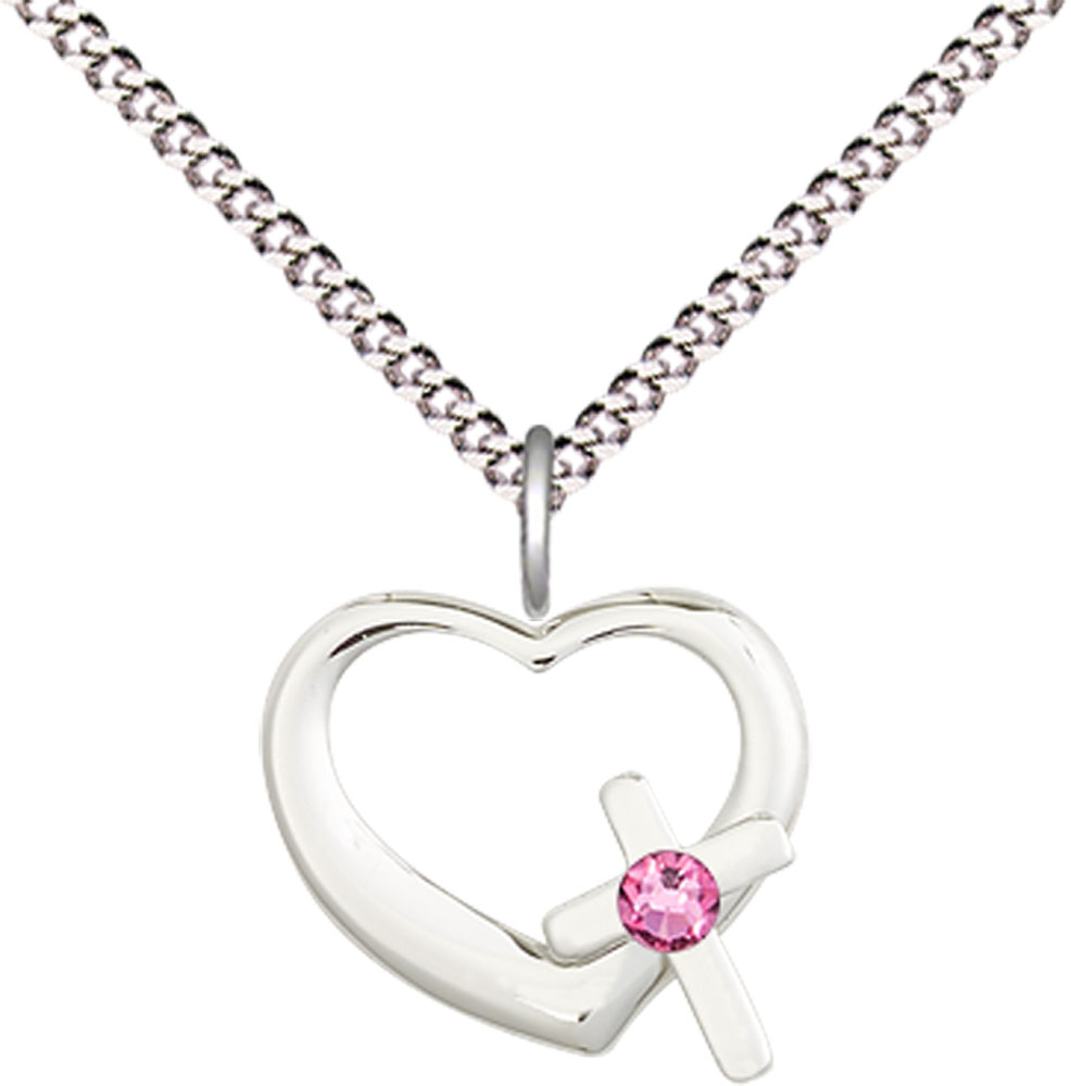 Sterling Silver Heart / Cross Pendant with a 3mm Rose Swarovski stone on a 18 inch Light Rhodium Light Curb chain
