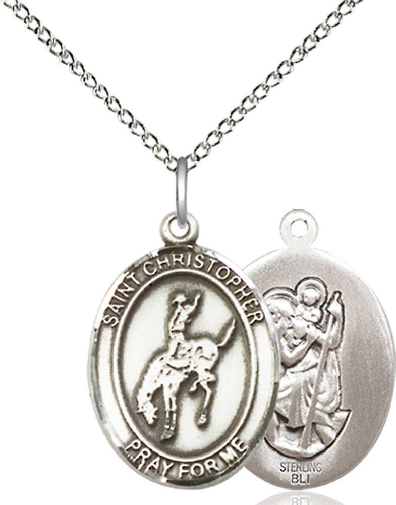 Sterling Silver Saint Christopher Rodeo Pendant on a 18 inch Sterling Silver Light Curb chain