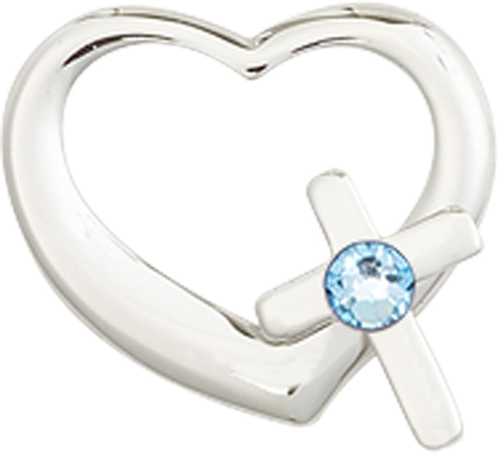 Sterling Silver Heart / Cross Medal with a 3mm Aqua Swarovski stone