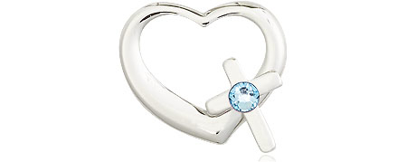 Sterling Silver Heart / Cross Medal with a 3mm Aqua Swarovski stone