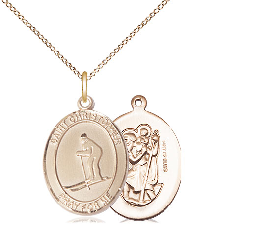14kt Gold Filled Saint Christopher Skiing Pendant on a 18 inch Gold Filled Light Curb chain