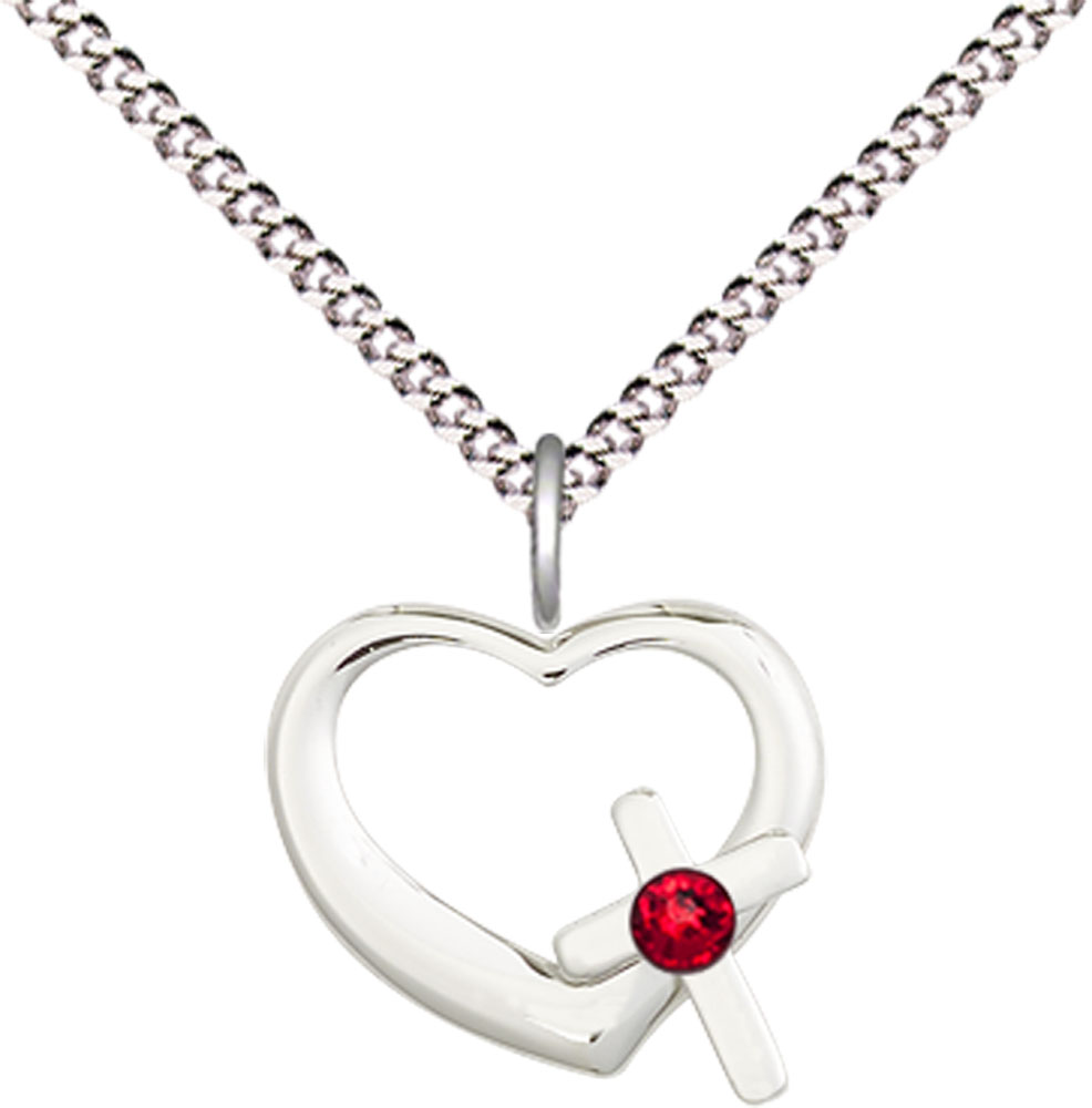 Sterling Silver Heart / Cross Pendant with a 3mm Ruby Swarovski stone on a 18 inch Light Rhodium Light Curb chain