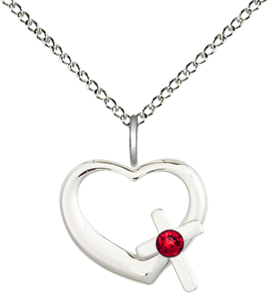 Sterling Silver Heart / Cross Pendant with a 3mm Ruby Swarovski stone on a 18 inch Sterling Silver Light Curb chain