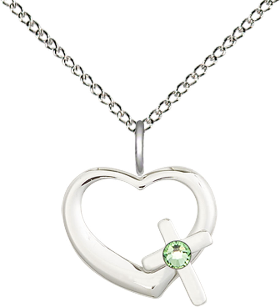 Sterling Silver Heart / Cross Pendant with a 3mm Peridot Swarovski stone on a 18 inch Sterling Silver Light Curb chain