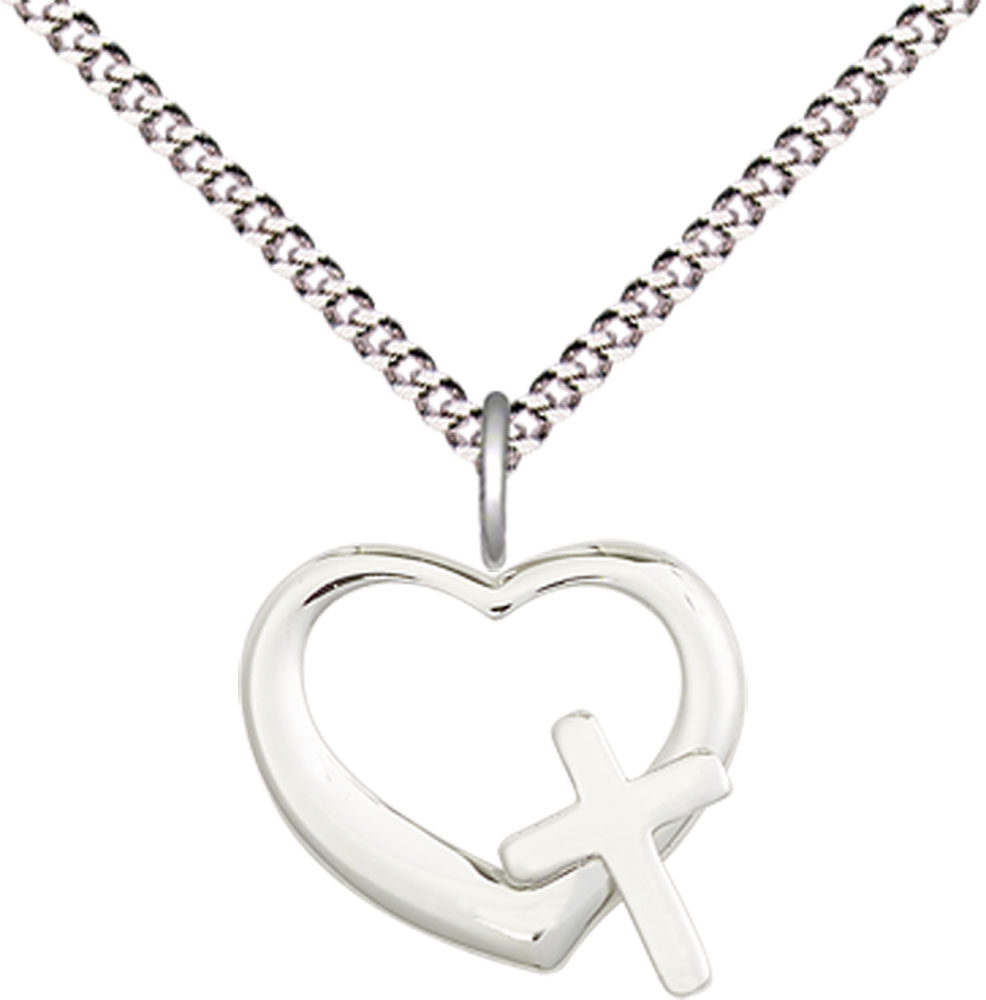 Sterling Silver Heart Cross Pendant on a 18 inch Light Rhodium Light Curb chain