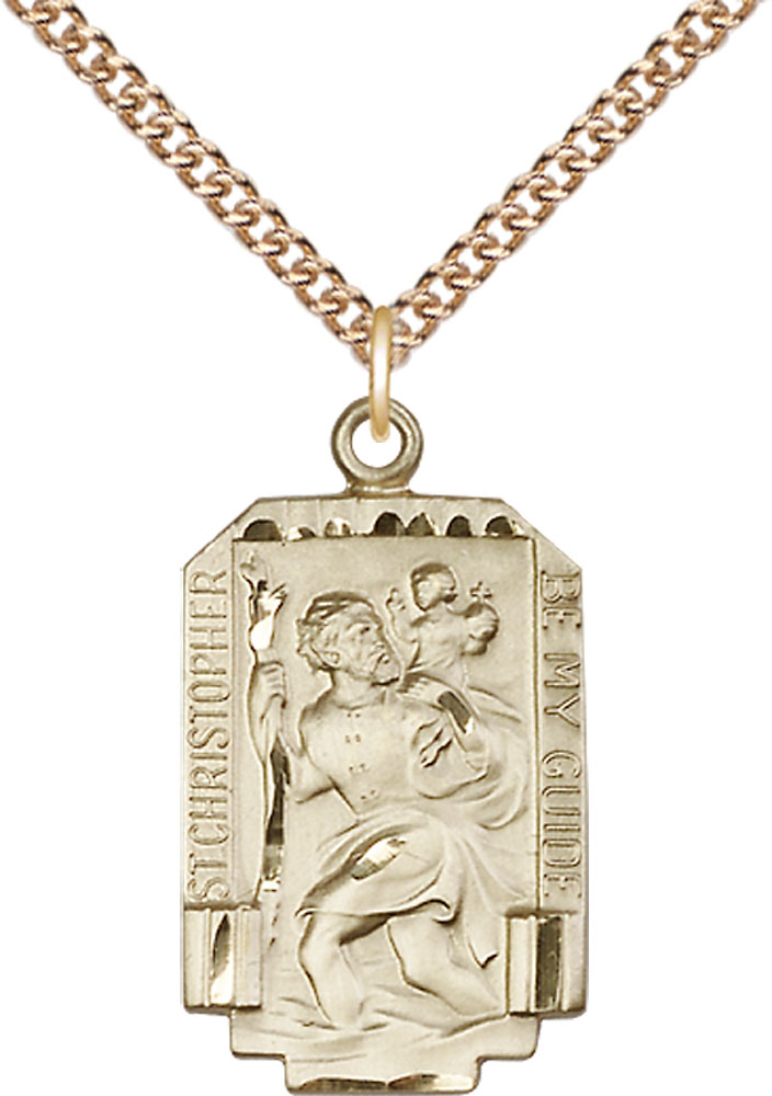 14kt Gold Filled Saint Christopher Pendant on a 24 inch Gold Filled Heavy Curb chain