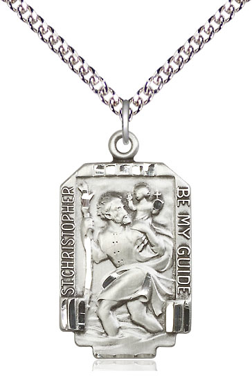 Sterling Silver Saint Christopher Pendant on a 24 inch Sterling Silver Heavy Curb chain