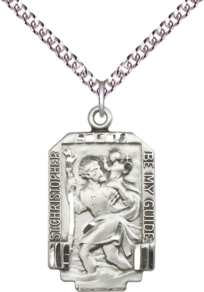 Sterling Silver Saint Christopher Pendant on a 24 inch Sterling Silver Heavy Curb chain
