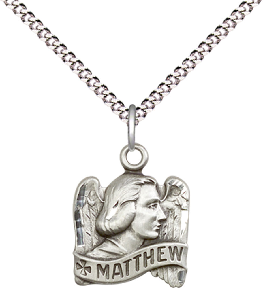 Sterling Silver Saint Matthew Pendant on a 18 inch Light Rhodium Light Curb chain