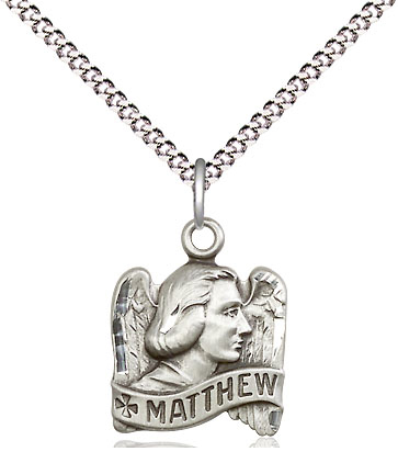 Sterling Silver Saint Matthew Pendant on a 18 inch Light Rhodium Light Curb chain