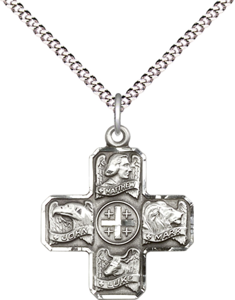 Sterling Silver Evangelist Pendant on a 18 inch Light Rhodium Light Curb chain