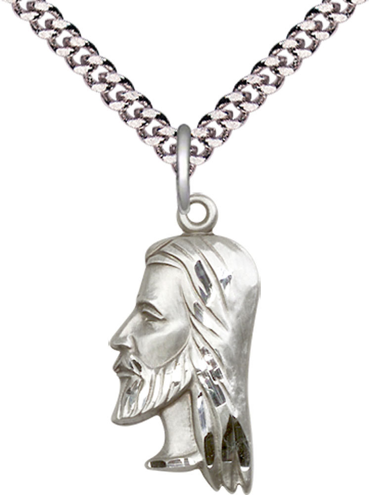 Sterling Silver Christ Head Pendant on a 24 inch Light Rhodium Heavy Curb chain