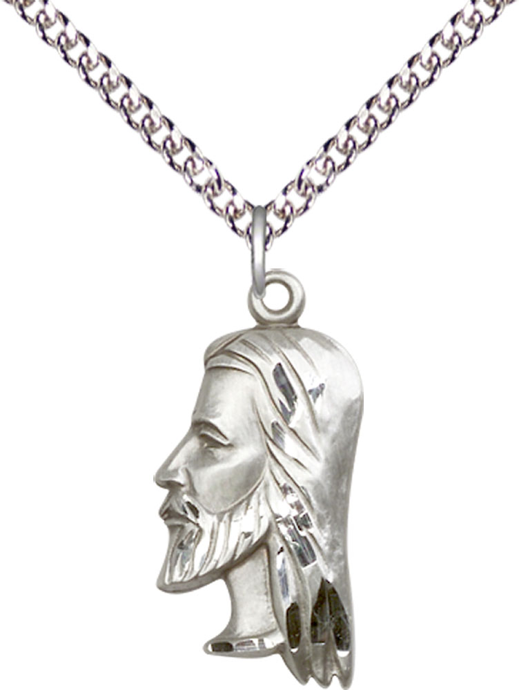 Sterling Silver Christ Head Pendant on a 24 inch Sterling Silver Heavy Curb chain