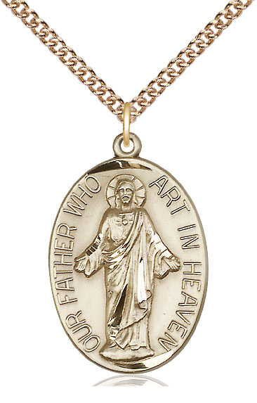 14kt Gold Filled Our Father Pendant on a 24 inch Gold Filled Heavy Curb chain