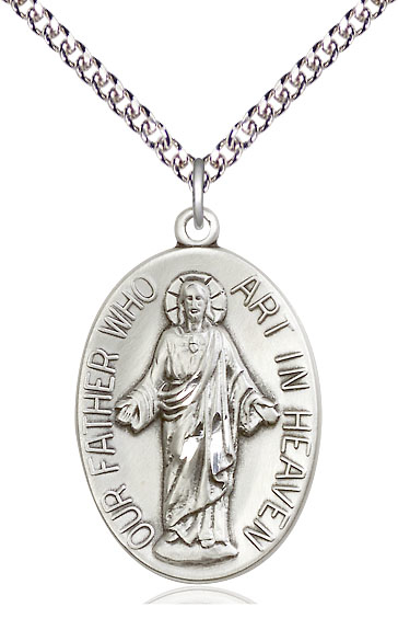 Sterling Silver Our Father Pendant on a 24 inch Sterling Silver Heavy Curb chain