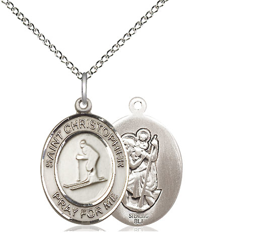 Sterling Silver Saint Christopher Skiing Pendant on a 18 inch Sterling Silver Light Curb chain